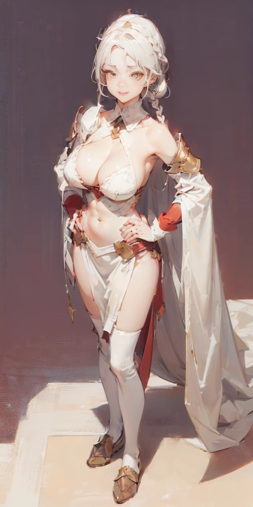 (((Plain background 1:2))) (masterpiece, high quality: 1.1) 1girl full body standing, hairstyle with a braid, white colored hair, yellow eyes, perfect lighting, muscular, thighs, mature woman, mummy, bellybutton, abs, looks at the viewer smile RED CHEEKS, extremely huge breasts, maternal, porcelain skin, extra very long hair, sparkly skin, good face, chest cover, HANDS ON HIPS