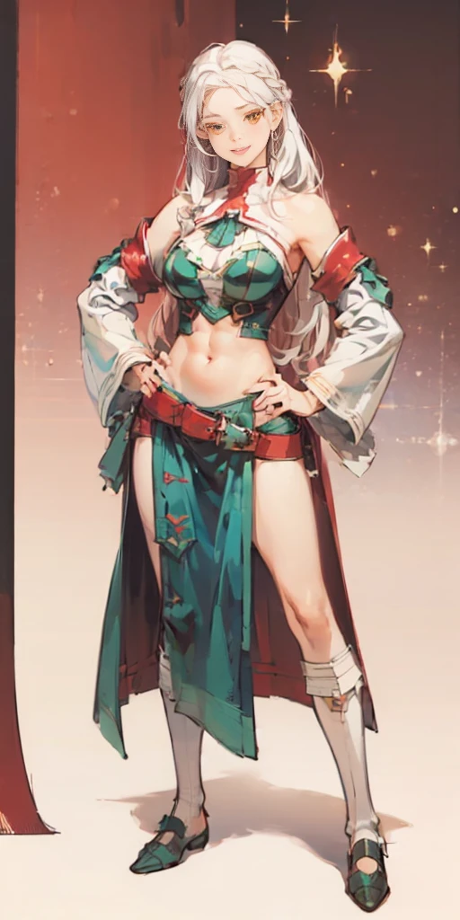 (((Plain background 1:2))) (masterpiece, high quality: 1.1) 1girl full body standing, hairstyle with a braid, white colored hair, yellow eyes, perfect lighting, muscular, thighs, mature woman, mummy, bellybutton, abs, looks at the viewer smile RED CHEEKS, extremely huge breasts, maternal, porcelain skin, extra very long hair, sparkly skin, good face, chest cover, HANDS ON HIPS