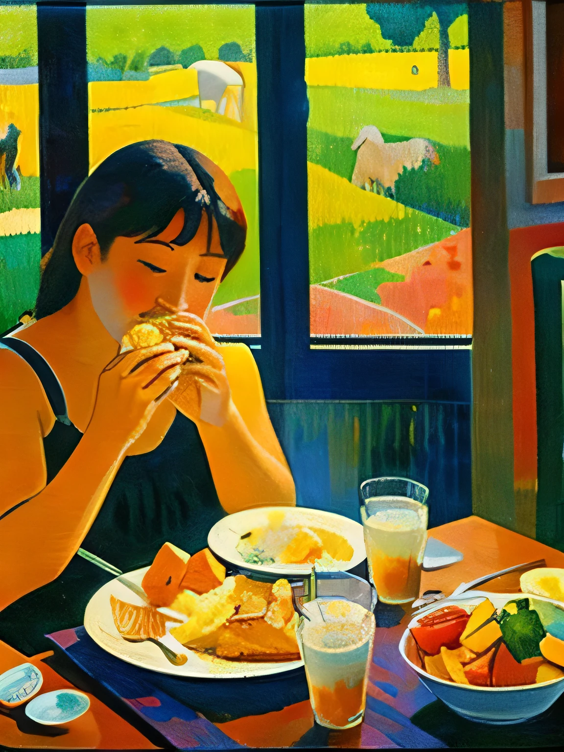 Produce a painting of a eating breakfast in the style of Paul Gauguin.