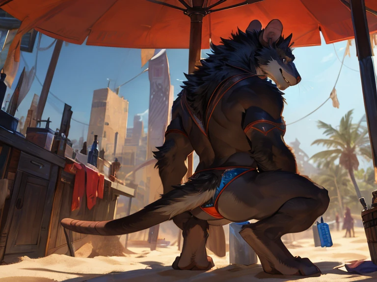 (male), solo standing (by honovy, by darkgem, by narse, by tojo the thief), (master splinter:1.2), fur, rat, quality eyes, naked, beach, thong underwear, anatomically correct, fluffy neck, (smile),rear view ,looking at viewer