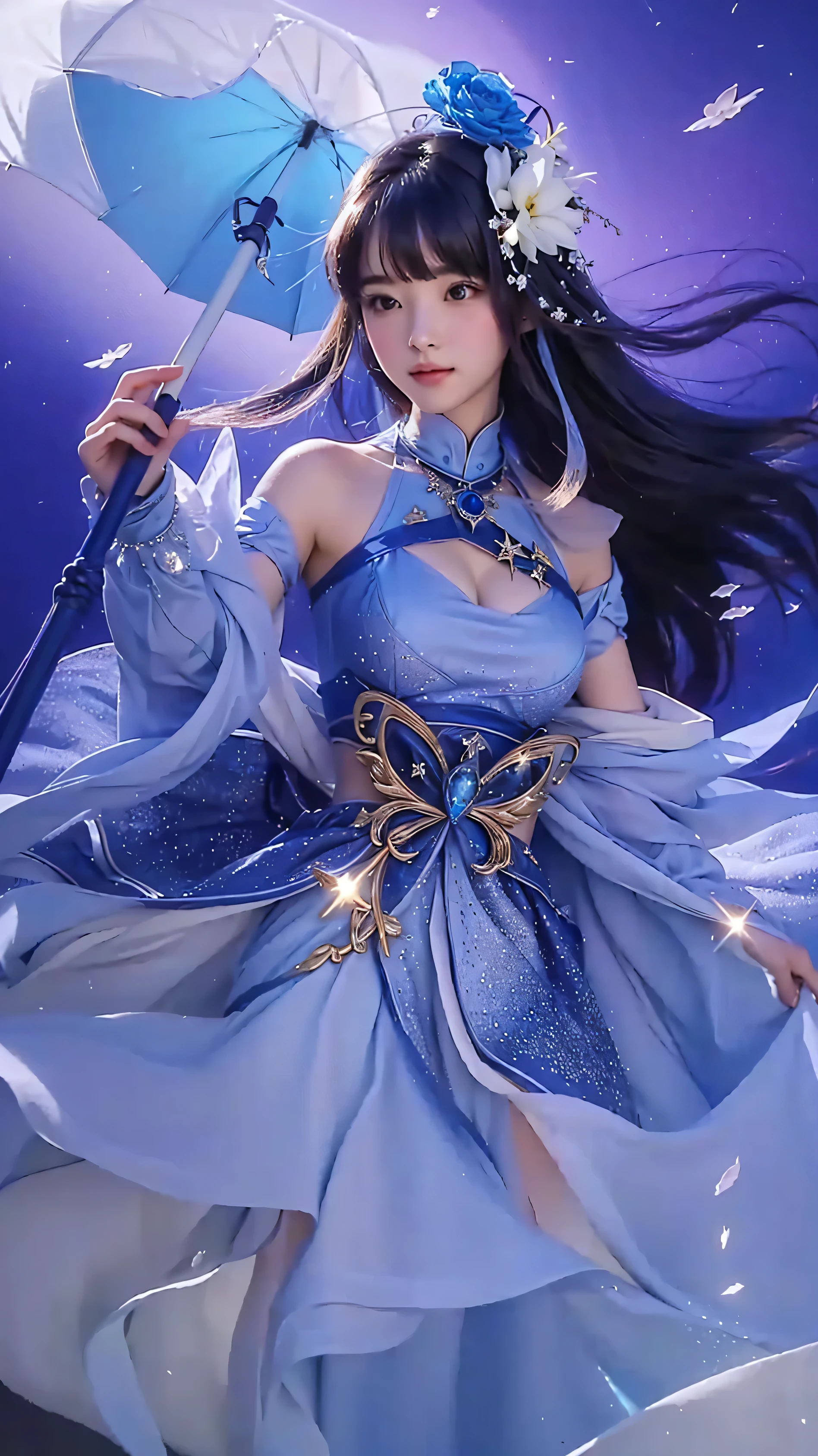 Cute girl with a blue umbrella and a blue dress, beautiful celestial mage, realistis 