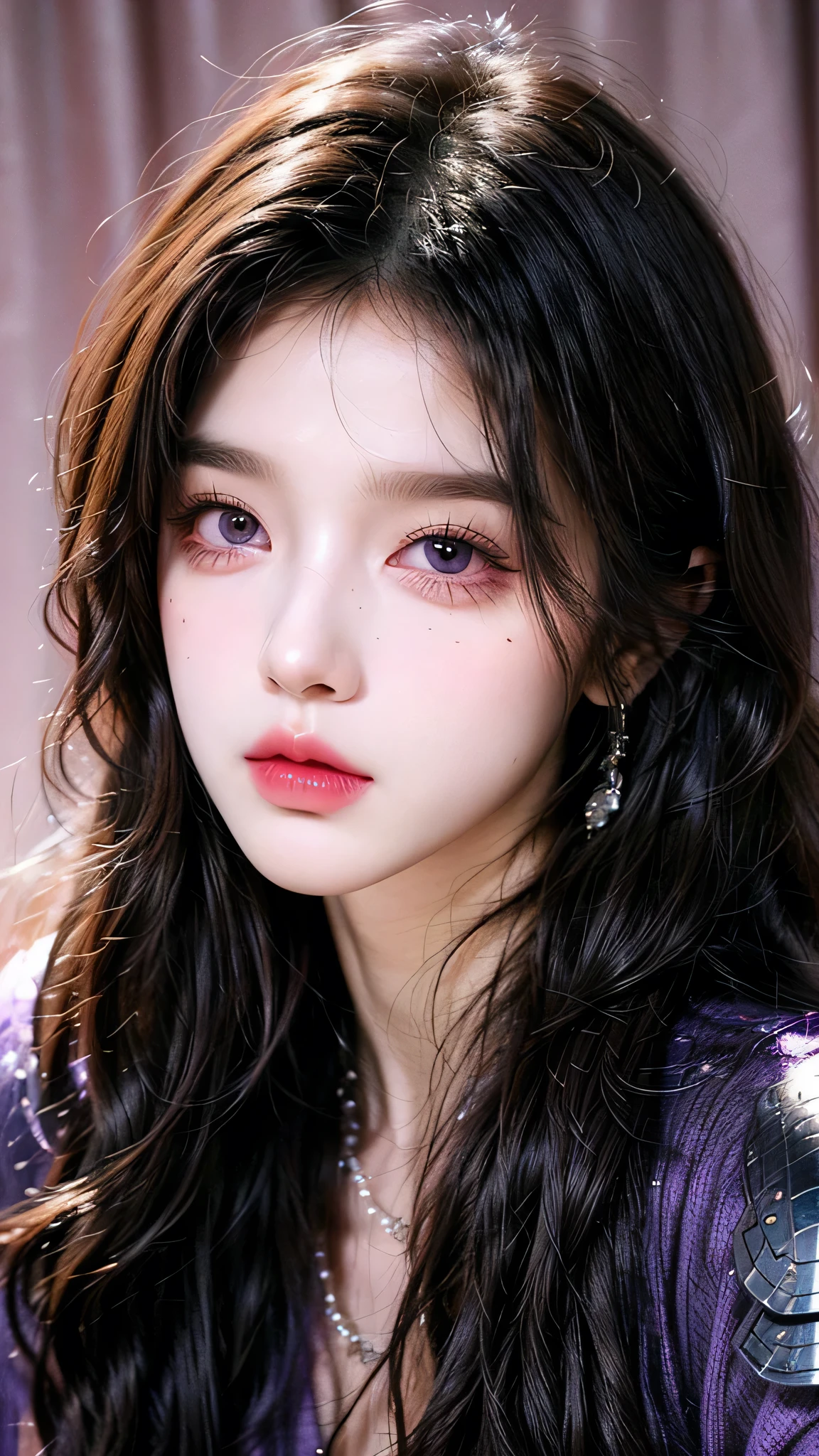 A woman with black wavy hair and purple eyes, Black alien armor, freckle, blush, Eyeshadow, Cute face