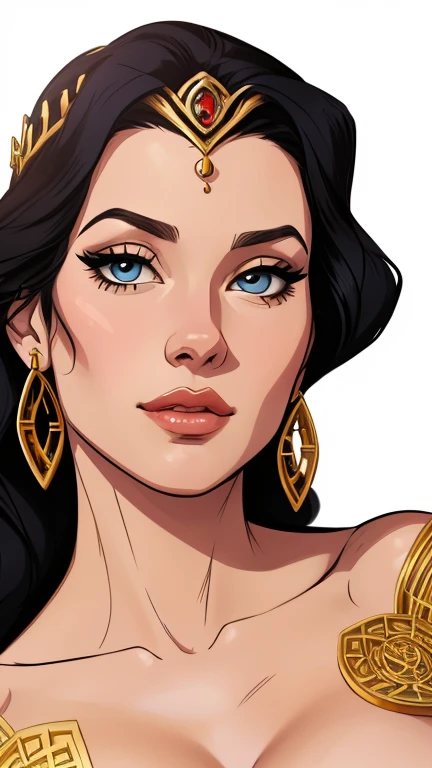 estilo de desenho (animado:1), mulher Imagem de desenho animado de uma mulher, Best Quality, Masterpiece, High Detail, Realistic, High Definition, Leanna Decker as (Dejah Thoris:1), (film Star:1), (styled long black hair:1), (gold jewelry:1.3), (gold diadem:1), Ancient, Night, (nearly naked:1.5), Seduction, an erotic face, expressive face, beautiful Martian princess, detailed exotic eye makeup, detailed face, detailed skin, garota super fofa, authoritarian would be facial expression, cartoon style illustration, estilo de arte dos desenhos animados, estilo de arte dos desenhos animados, digital illustration style, design de personagens altamente detalhado, arte digital detalhada fofa, City fan art, design de persona gem retrato, beautiful digital illustration, retrato de alta qualidade, arte em quadrinhos, retrato do design do personagem, white background Buso and (big breasts:1) female, (gold Celtic tattoos)