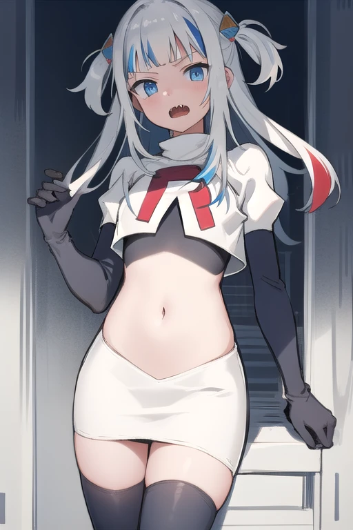 gawr gura, 1girl,solo,  blue eyes,small breasts, gray hair, hair ornaments,two side up, streaked hair, sharp teeth, team rocket,team rocket uniform,white skirt,red letter R,crop top,black thigh-highs,black elbow gloves