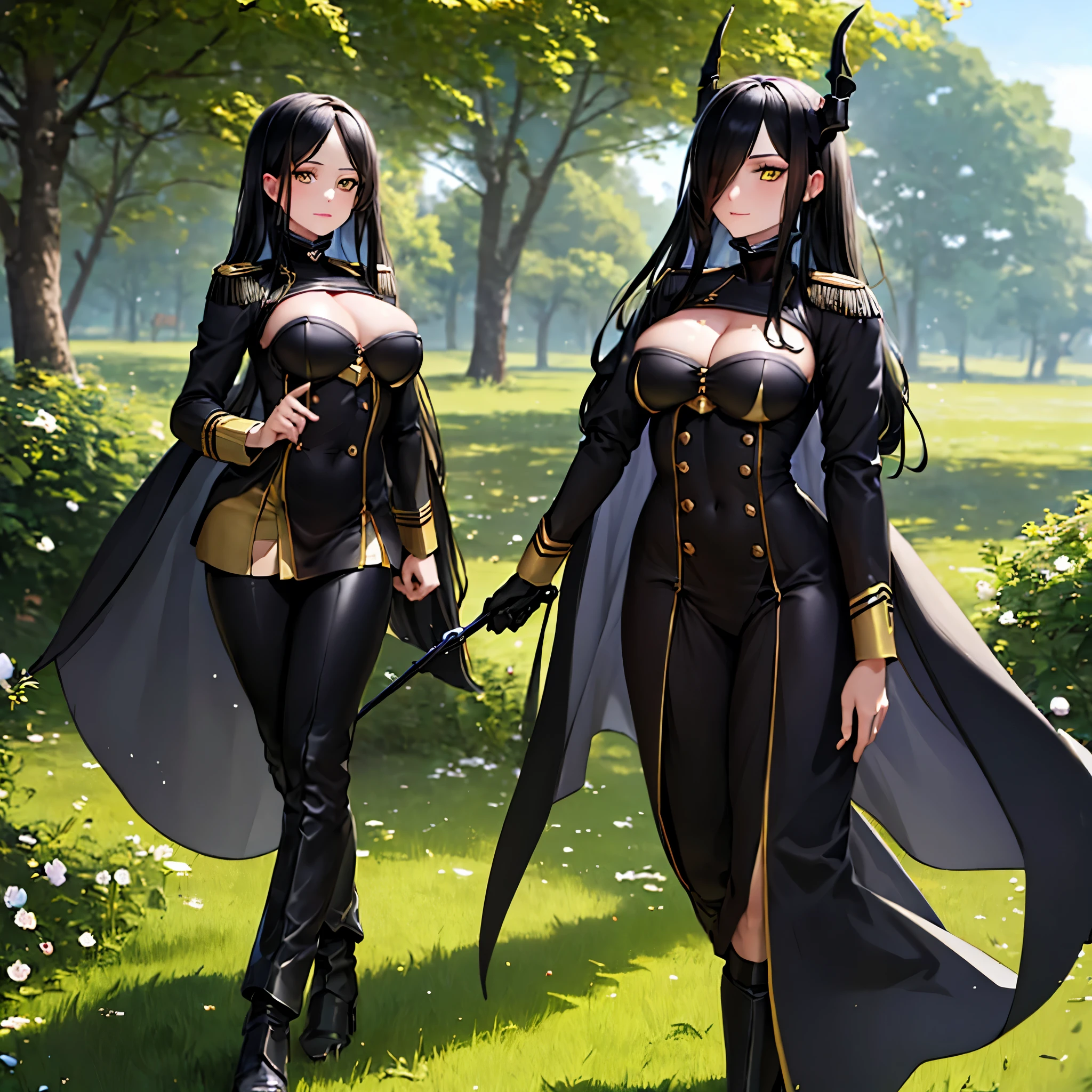 A woman wearing a black Imperial Prussian uniform, black pants, black boots, black cape, wearing an old navy bicorn, long black hair, yellow eyes, large breasts, walking in an open field with trees in the background., (woman solo), HDR, ultra resolution, sharp, masterpiece, 8K HD