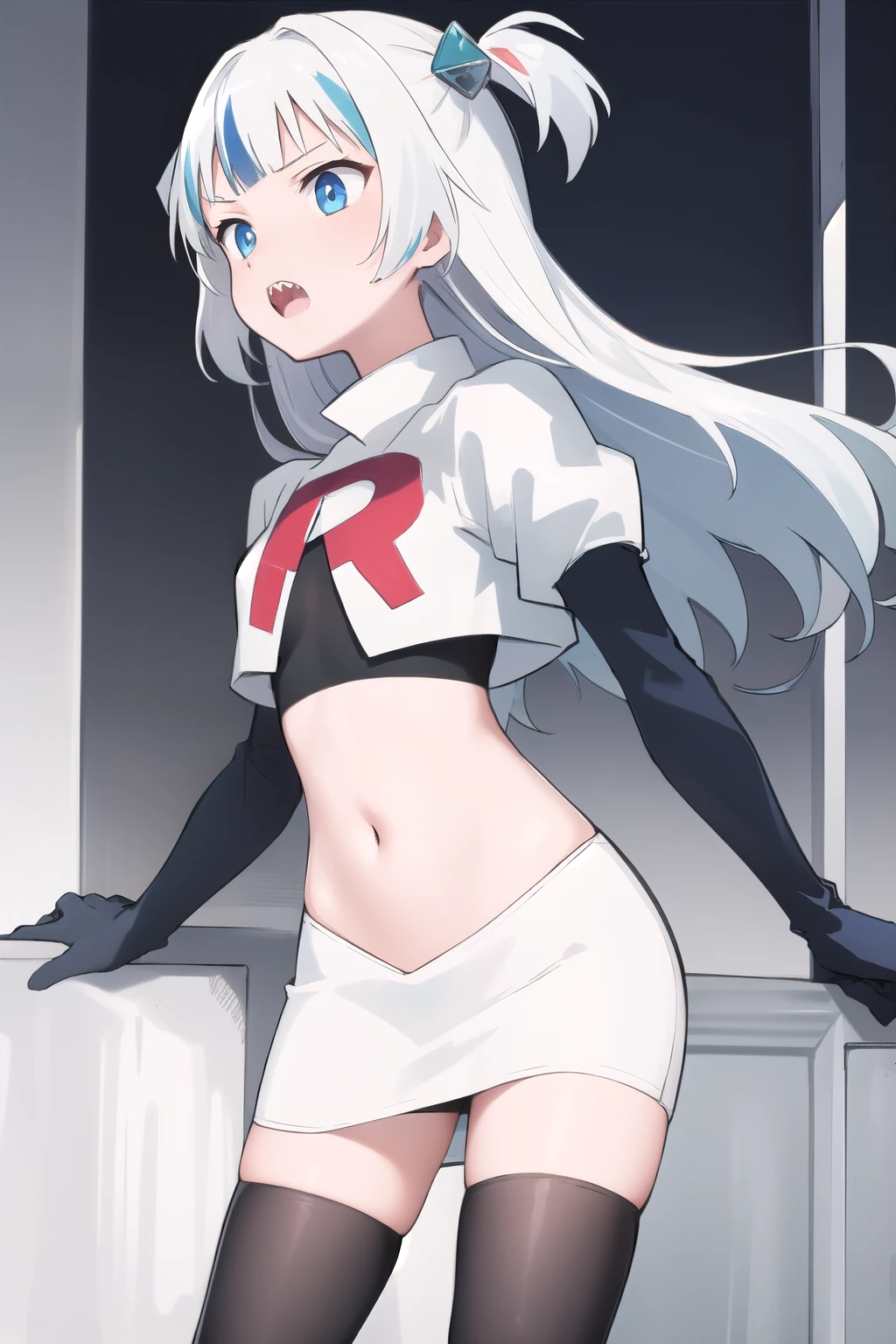 gawr gura, 1girl,solo,  blue eyes,small breasts, gray hair, hair ornaments,two side up, streaked hair, sharp teeth, team rocket,team rocket uniform,white skirt,red letter R,crop top,black thigh-highs,black elbow gloves