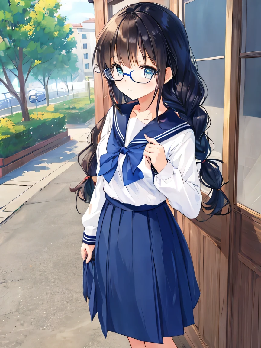 ((masterpiece)), ((best quality)), (ultra-detailed), ((kawaii)), cute, (lovely), illustration, anime style, full body, a cute girl, solo, school, campus, (beautiful eyes), Long beautiful black hair, hair is tied in a braid, glasses, slim, slender, small breast, Old-fashioned sailor uniform reminiscent of the Showa era, winter uniform, dark color uniform, dark color skirt, (((long skirt length))), Nervous, (Downcast Eyes), standing.