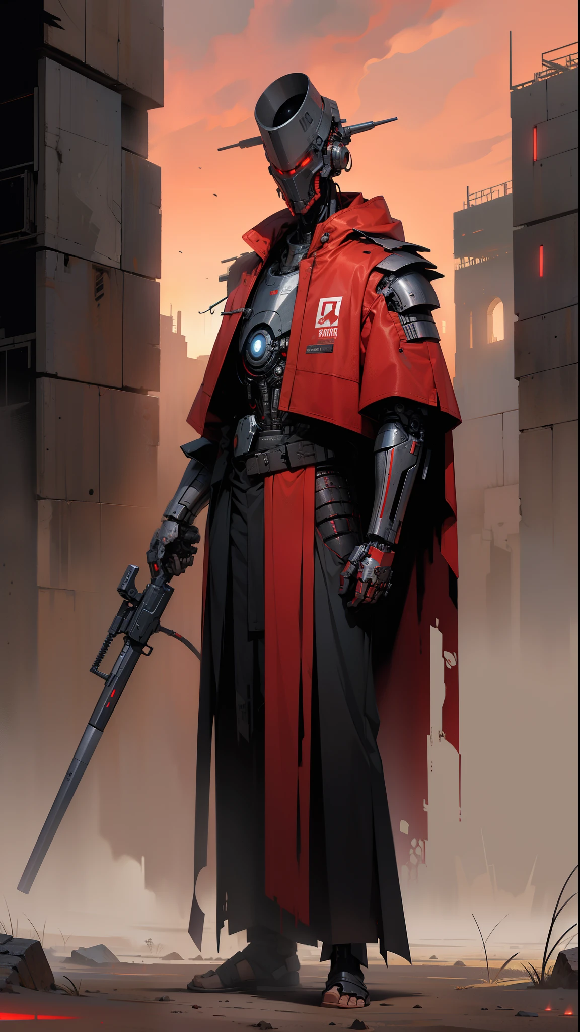derpd, lethal cyborg assassin wearing robes armor, danger, red sky,post apocalypse