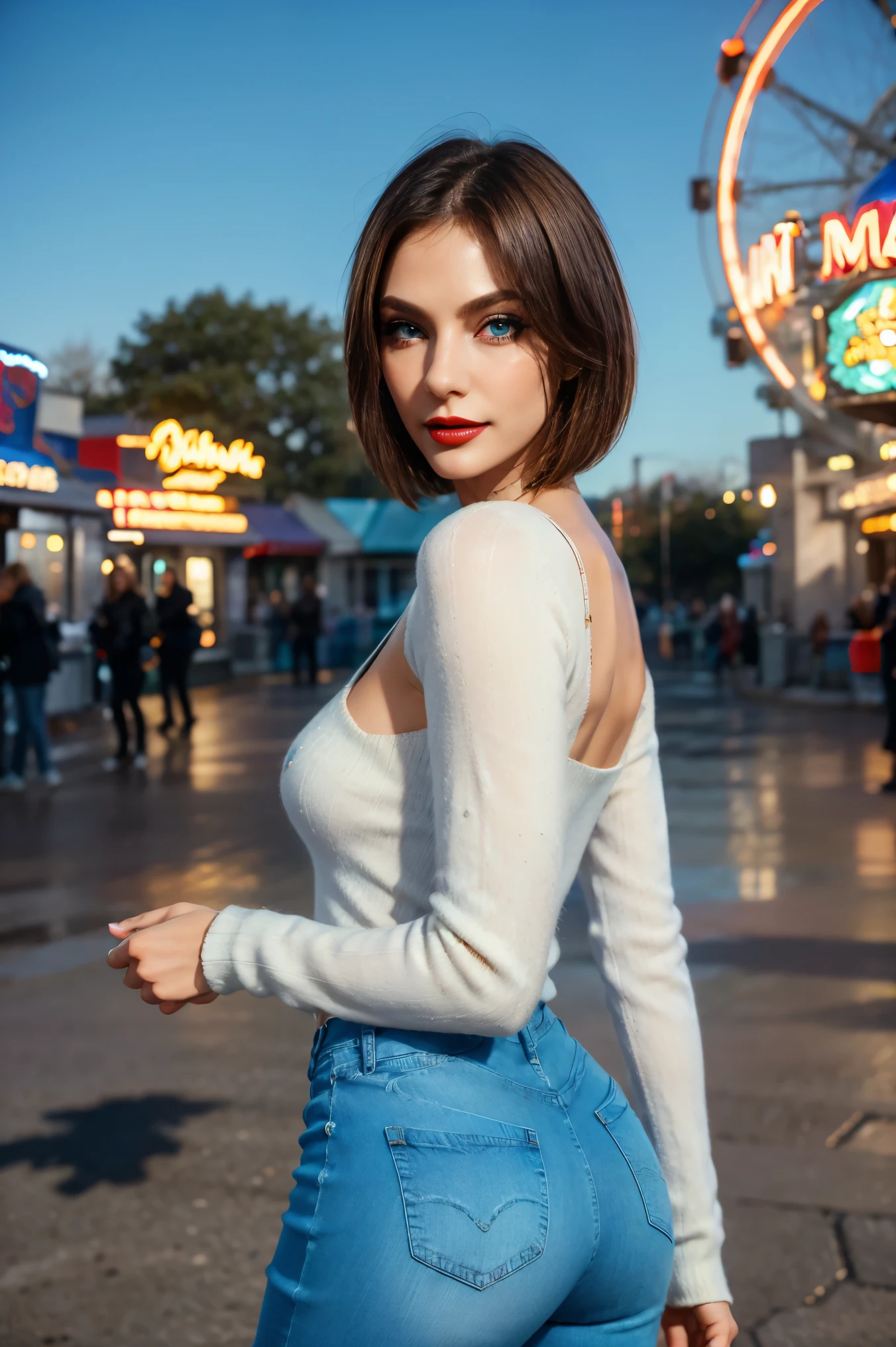 Blue Eyes), smiling, beautiful woman of 35 years old, short shoulder length hair (bob), pale white skin (highly detailed), bright blue eyes, perfect body, makeup, red lips, ((small breast). (Best Quality, 8k, Masterpiece: 1.3), perfect hands, Clear Focus: 1.2, Perfect Body Beauty: 1.4 , Slender Abs: 1.2, Highly detailed face and skin texture, detailed eyes, double eyelids, red lips, (very long sweater), tight jeans, standing, dynamic pose, look back, in an amusement park at night illuminated by the lights of the games, Colored lights, deep on field