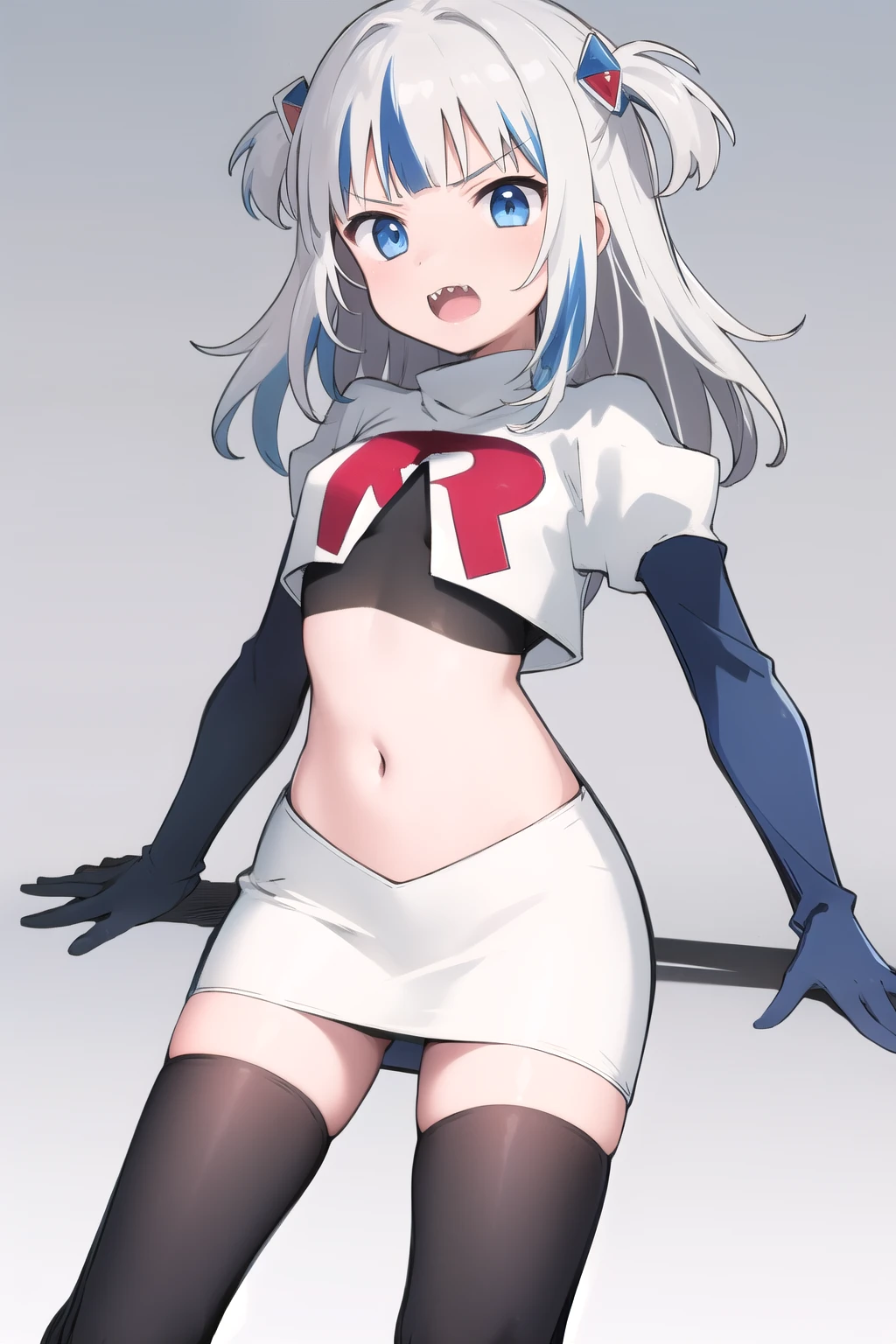 gawr gura, 1girl,solo,  blue eyes,small breasts, gray hair, hair ornaments,two side up, streaked hair, sharp teeth, team rocket,team rocket uniform,white skirt,red letter R,crop top,black thigh-highs,black elbow gloves