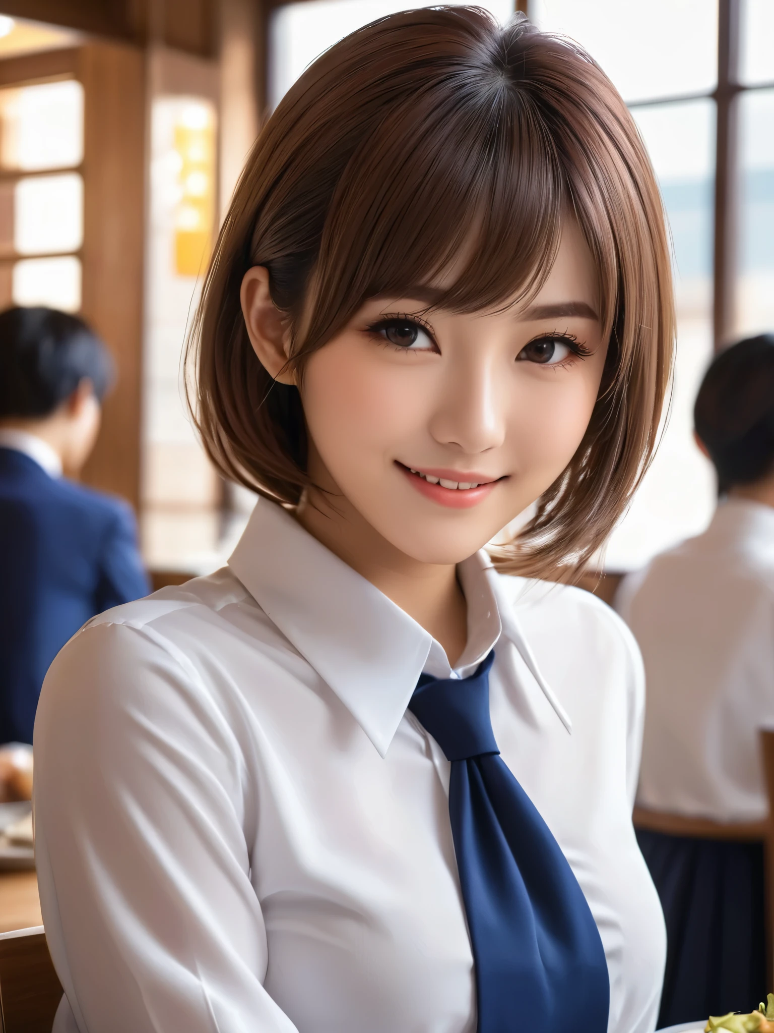 product quality, 1girl, upper body shot, front view, a Japanese young pretty woman, 18 years old, short hair, taking a lunch with a big smile in a crowded school restaurant, glamorous figure, wearing a long sleeve white collared shirt with a patternless plain dark blue long tie, wearing a dark blue pleated long skirt, hyper cute face, glossy lips, double eyelids in both eyes, natural makeup, long eyelashes, shiny smooth light brown hair, busty, asymmetrical bangs, fair skin, central image, high resolution, high detail, detailed hairstyle, detailed face, spectacular cinematic lighting, octane rendering, vibrant, hyper realistic, perfect limbs, perfect anatomy