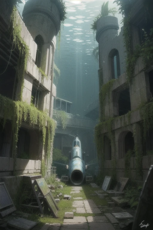 Overgrown plant life, submarine ruins,