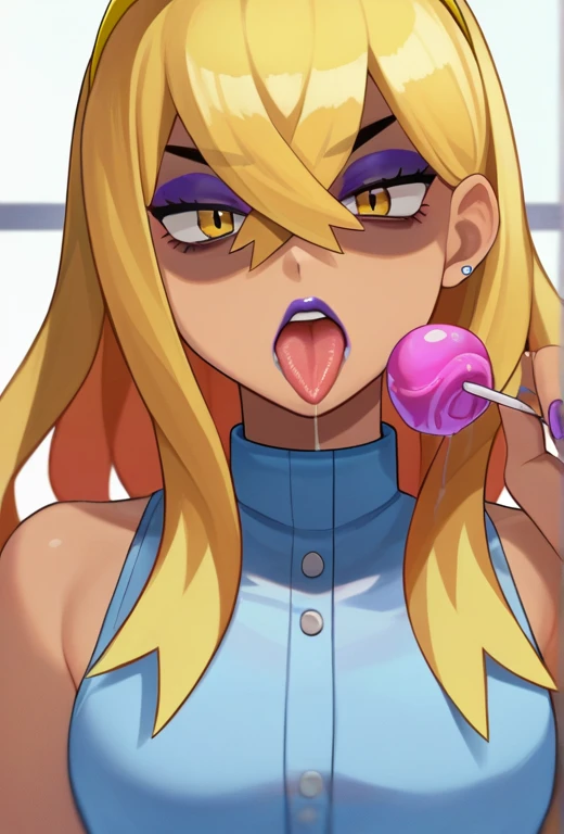 score_9, score_8_up, score_7_up, source_anime, solo, 1girl, pokemoncarmine, shaded face, unamused, looking at viewer,  hairband, bare shoulders, gyaru, bags under eyes, amimia, makeup, purple eyeshadow, purple lips, tongue out, licking lollipop, drool, close up, face focus, polished nails