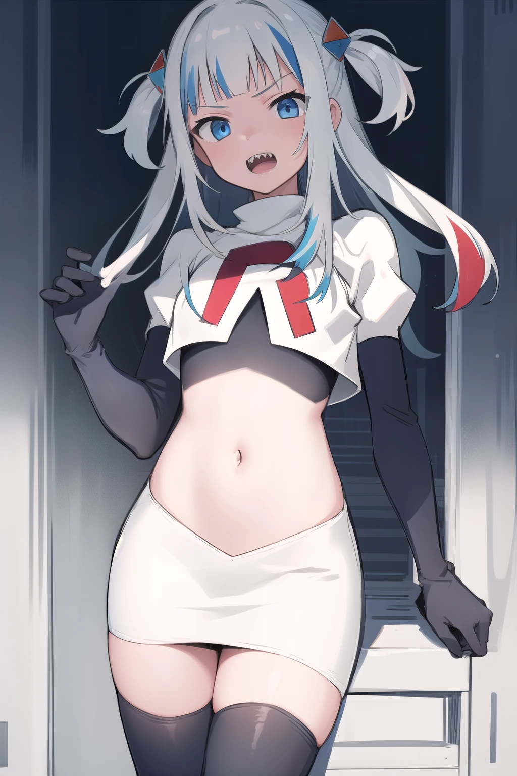 gawr gura, 1girl,solo,  blue eyes,small breasts, gray hair, hair ornaments,two side up, streaked hair, sharp teeth, team rocket,team rocket uniform,white skirt,red letter R,crop top,black thigh-highs,black elbow gloves