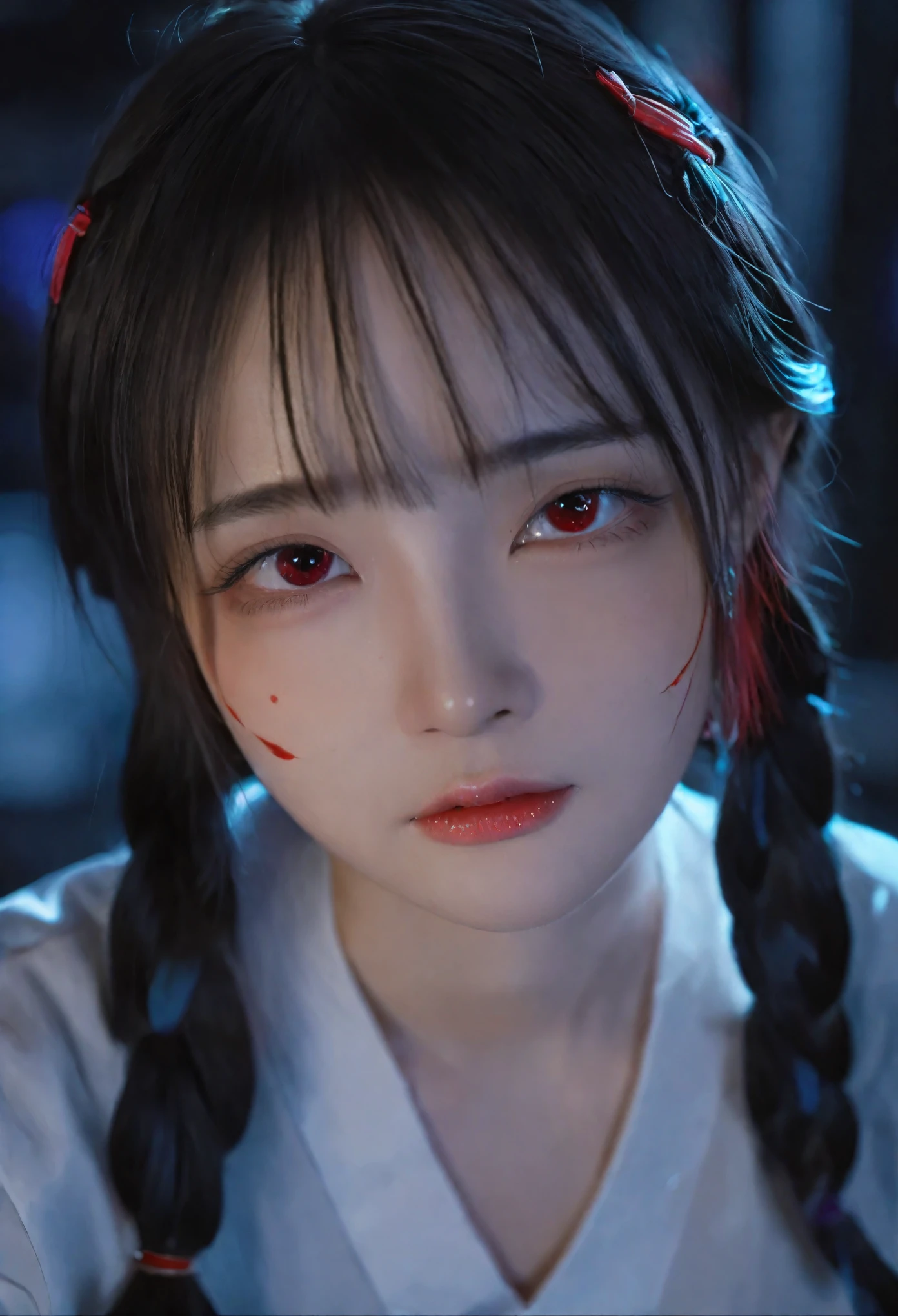 A dark fantasy masterpiece, this ultra-detailed illustration showcases a solo girl with sharp facial features, black hair styled in low twintails, and red eyes, with a strand of hair between her eyes. The scene is captured from a dynamic angle, emphasizing the high contrast and intricate details. The background is a beautiful, detailed scene of dark fantasy, illuminated by the best cinematic lighting. Blood splatters and swirling black light add a dramatic effect around the character, complemented by black light particles and a magic circle. Broken glass enhances the depth of field, creating a visually stunning and hyper-detailed image.