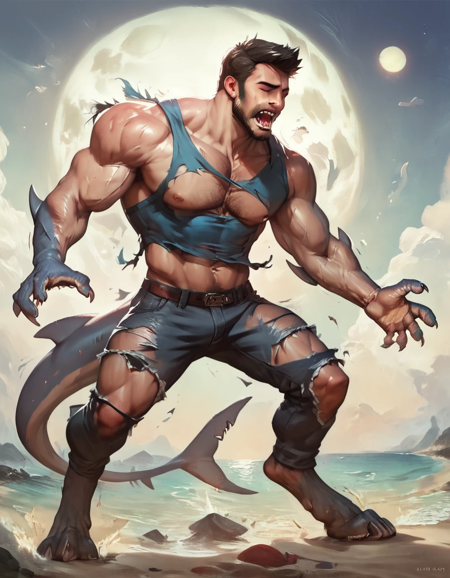 score_9, score_8_up, score_7_up, score_6_up, score_5_up, score_4_up, (solo), male orca mid transformation, solo, masterpiece, best art, digitigrade, torn pants, torn shirt, detailed hands, detailed eyes, detailed torso, beach, howling expression, transformation, night, moon, closed eyes, muscular