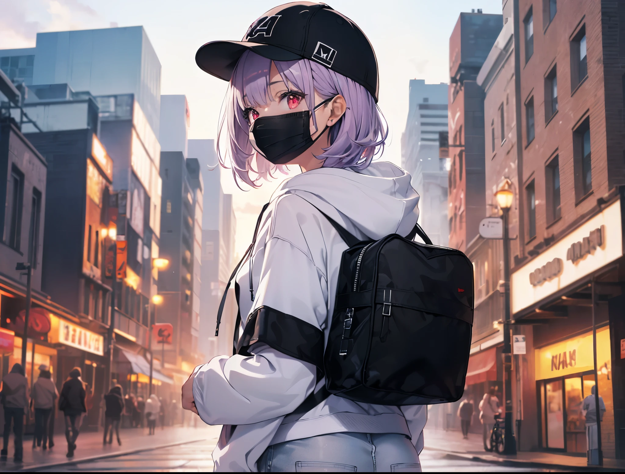 (Close-up:1.3),Realistic,highest quality, Super detailed, High-quality CG rendering, The most delicate and beautiful, Floating softly, High resolution, (1 girl), (highest quality,4K,8k,masterpiece:1.2), Light purple hair,Long Hair,Red eyes,(Pure white oversized hoodie:1.3),(Black skinny jersey pants:1.3),(White cap:1.3),In the city,old buildings,(Black Mask:1.4),(Upper Body:1.3),(Turn your back to your audience:1.3),Ass,(Sacoche:1.3)