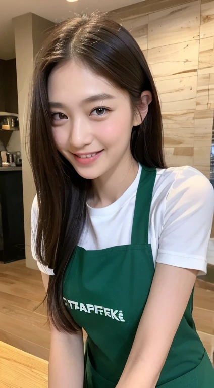 ((top-quality、8K、masterpiece:1.3))、1girl in、((bontage))、A smile、full body Esbian、Slim Faces、Pretty women、(dark brown hair)、Full-length dresses:1.1、hyperdetailed face、A detailed eye、double eyelid、blured background、Slim Faces、City、takeout、a street、Cafe Clerk、Green apron、Starbucks