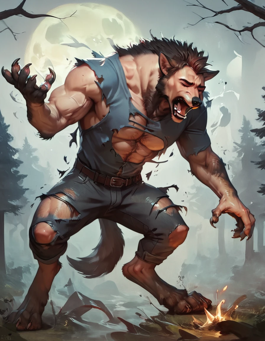 score_9, score_8_up, score_7_up, score_6_up, score_5_up, score_4_up, (solo), male wolf mid transformation, solo, masterpiece, best art, digitigrade, torn pants, torn shirt, detailed hands, detailed eyes, detailed torso, forest, howling expression, transformation, human face, night, moon, closed eyes, howling up, muscular