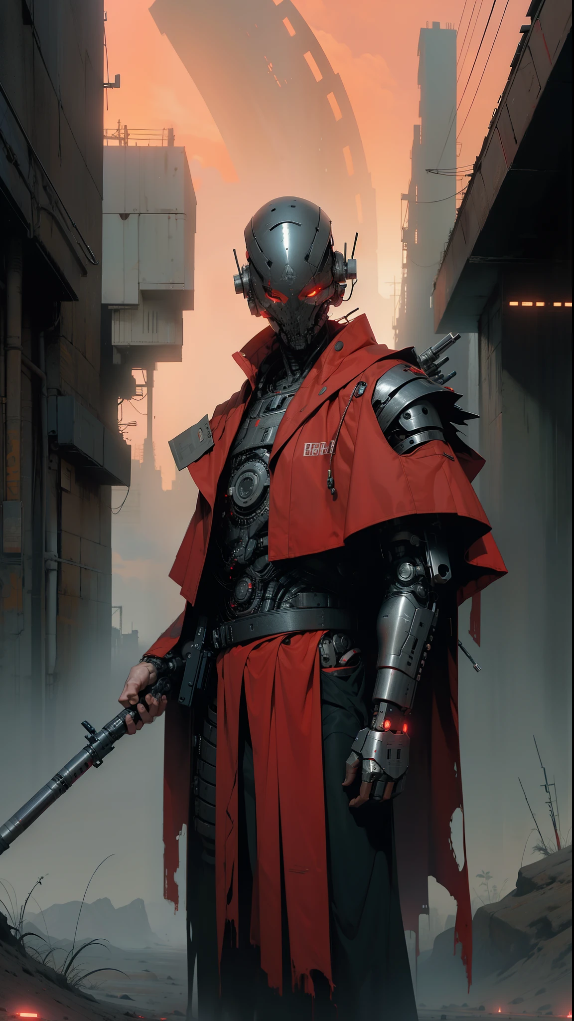 derpd, lethal cyborg assassin wearing robes armor, danger, red sky,post apocalypse 