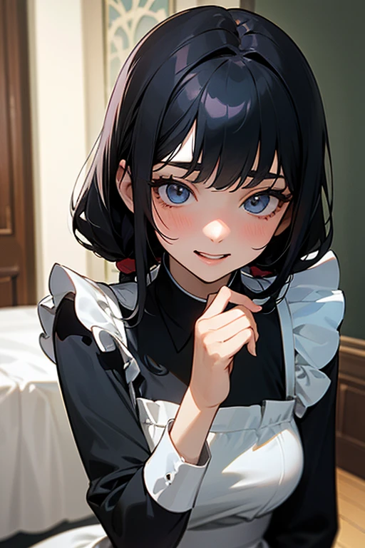 (Highest Resolution, clear_image) highest quality, Single person, One Woman, alone, masterpiece, Very detailed, Semi-realistic, Black Hairのショートヘア, Black Hair, bangs, 18-year-old, mature, light blue uniform, uniform, Indoor Background, kind, Authoritative, powerful, exquisite features, exquisite features、Eyelashes become longer、Showing teeth、smile😀、Maid clothes、Touching hair、Embarrassed、