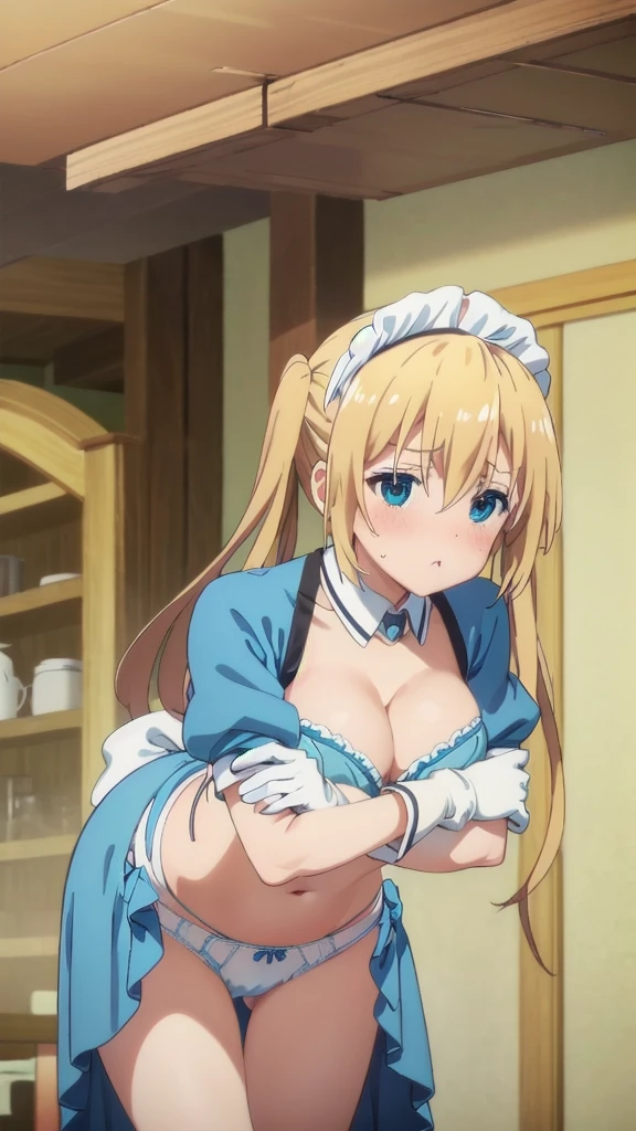masterpiece, best quality, highres, kaho hinata, maid, maid headdress, waist apron, (blue shirt, blue skirt:1.2), short sleeves, white gloves, crossed arms, pout, blush, cafe, (cleavage), (showing white panties:1.3),(lean forward:1.5), (bra), (ass up), indoors