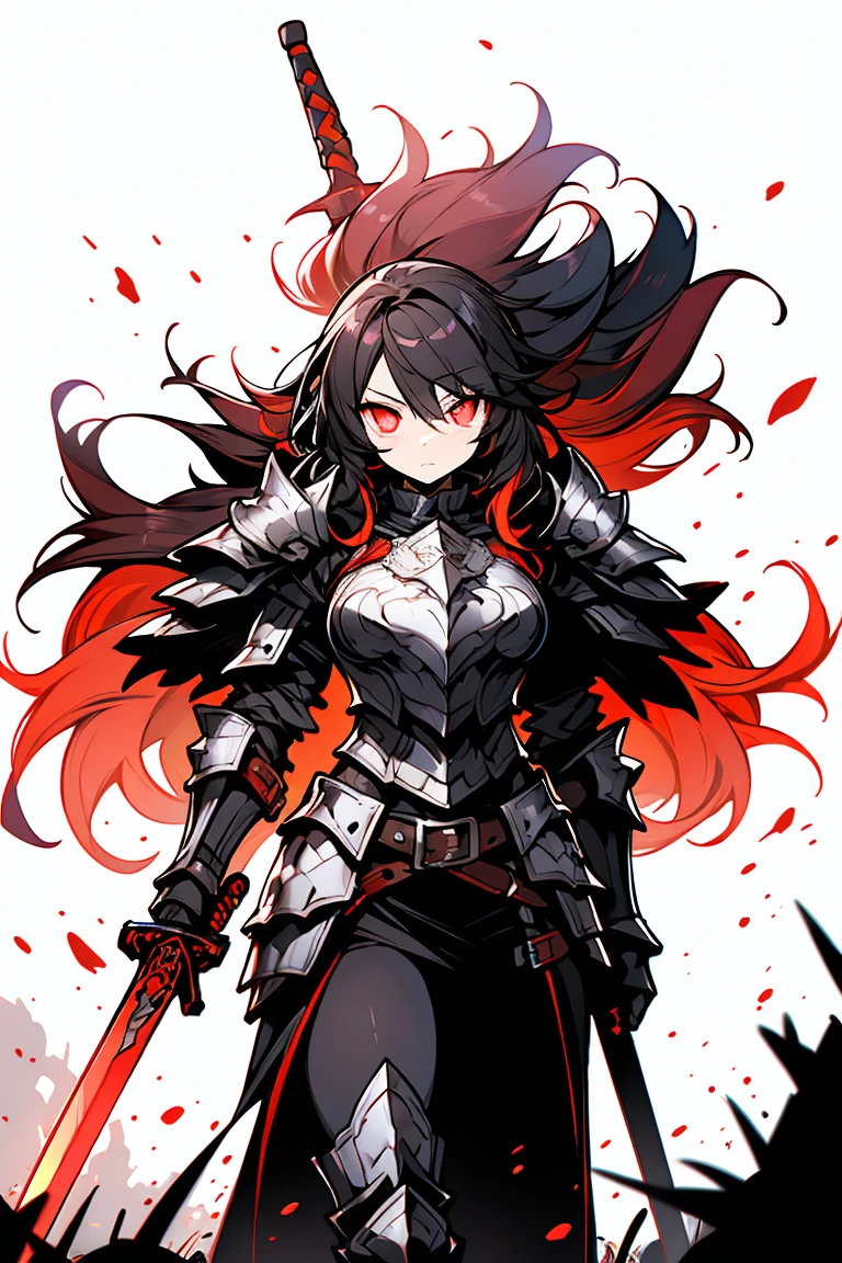 dark Knight,Rough poses, Heavy equipment,Black metal armor, middle ages, victory, Walking, Wearing a helmet, Holds a large sword, Cowboy Shot,((Very detailed,highest quality, High resolution, 8k wallpaper, Beautiful new clothes,)),((Black Hair, Long Hair,Messy Hair)), Blowing in the Wind, eye shadow, eyeliner,Glow Eye, Very detailedな目, Beautiful new eyes, ((Glowing red eyes))