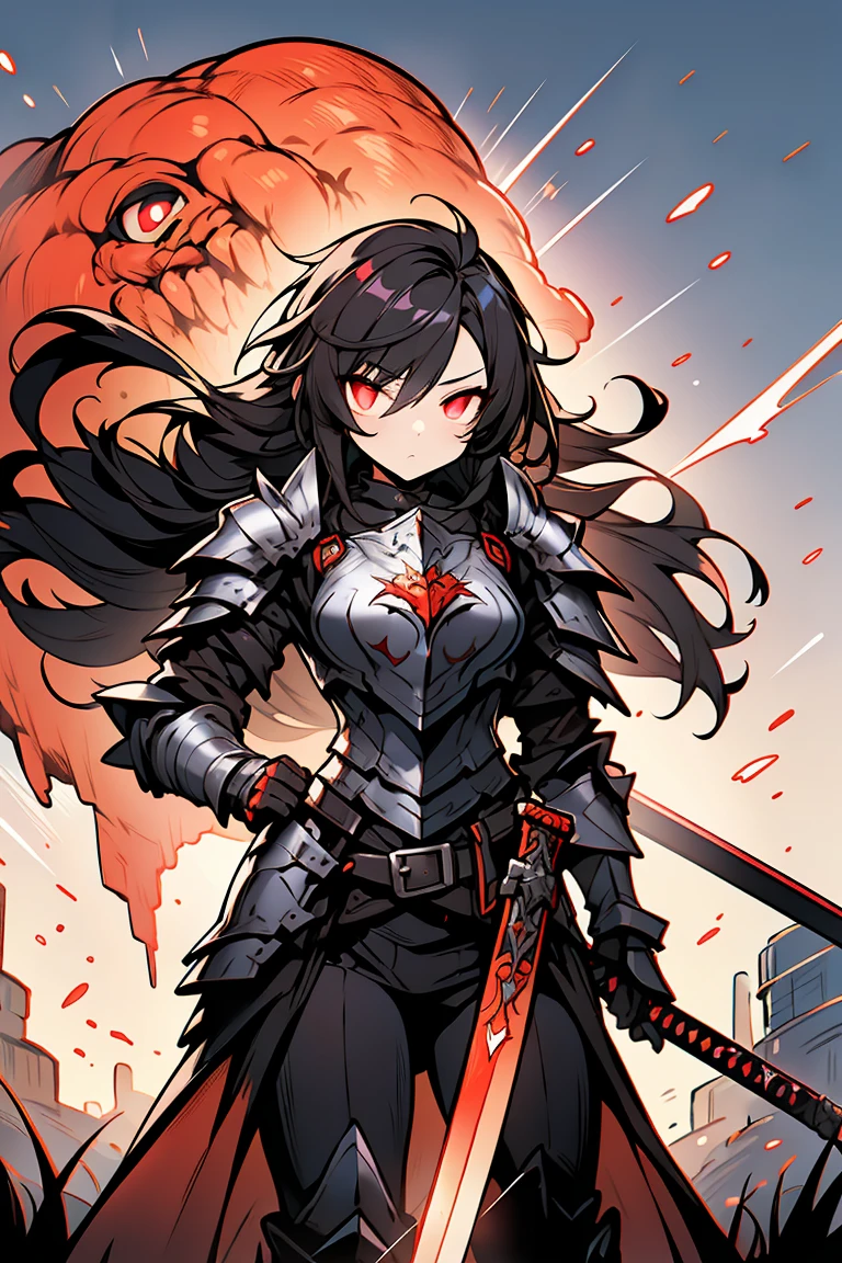 dark Knight,Rough poses, Heavy equipment,Black metal armor, middle ages, victory, Walking, Wearing a helmet, Holds a large sword, Cowboy Shot,((Very detailed,highest quality, High resolution, 8k wallpaper, Beautiful new clothes,)),((Black Hair, Long Hair,Messy Hair)), Blowing in the Wind, eye shadow, eyeliner,Glow Eye, Very detailedな目, Beautiful new eyes, ((Glowing red eyes))