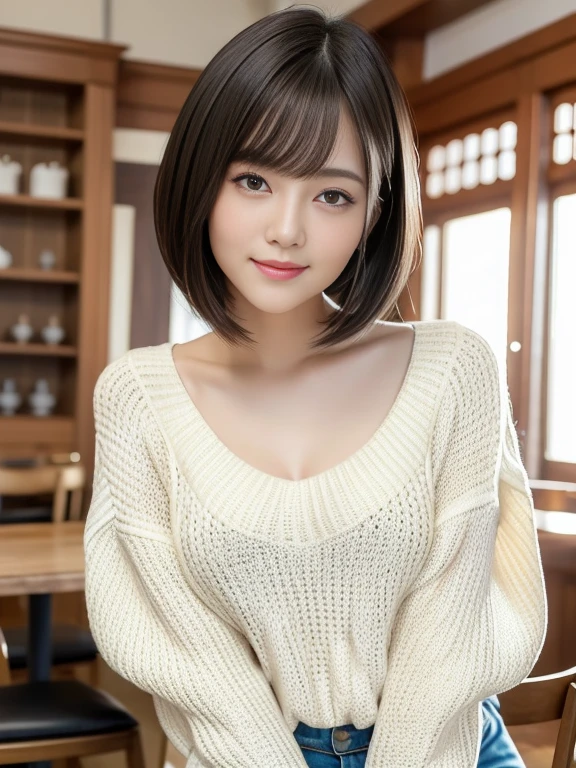 (highest quality: 1.5)、(Real: 1.5)、(1 person: 1.5)、tableトップ、(Leaning forward)、(A low-cut sweater revealing a bit of her lacy bra)、Very detailed、High resolution、Small breasts、Natural color lips、Cute smile、Japanese women、20 year old girl、Thin eyebrows、Beautiful and elegant face、cute顔、cute目、Big eyes、Fair skin、Beautiful and elegant face、Natural Bangs、Beautiful and thin nose、Beautiful Skin、Medium Bob Hair、Short Hair、Natural Bangs、Perfect and beautiful face、Slim face and figure、(Looking at the camera with a cute expression)、(Bright lighting)、Professional Lighting、 (Lighting from the front)、Natural smile、Beautiful clavicle、cute胸の谷間、Natural smile、cute、Brightly lit cafe、table、(Her bra is slightly visible through her open-chested sweater.)