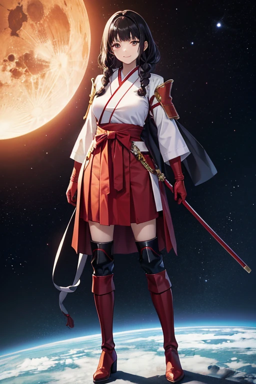 Anime Art、Full body portrait、Space SF Onmyouji、A woman around 43 years old, standing upright, about 170cm tall, wearing red armor and hakama、Curly medium length black hair、Smiling、Arm guard、Leggers、boots、gloves