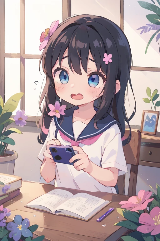 hana shirosaki,One girl, Telephone, hair ornaments, alone, Black Hair, flower, hair flower, Long Hair, cellTelephone, Holding Telephone, blue eyes, pink flower, Holding, Open your mouth, , white Sailor collar, smartTelephone, bangs, Sailor collar, Sweat drops, Upper Body, indoor, shirt, white shirt, Shadowed face, Little