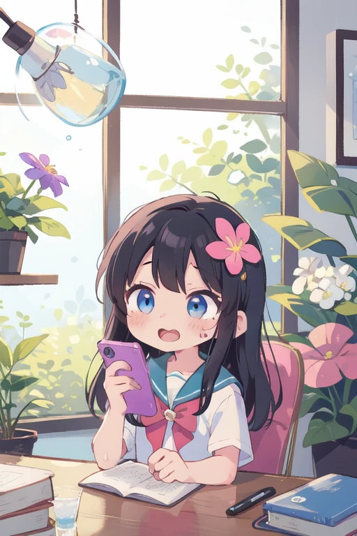 hana shirosaki,One girl, Telephone, hair ornaments, alone, Black Hair, flower, hair flower, Long Hair, cellTelephone, Holding Telephone, blue eyes, pink flower, Holding, Open your mouth, , white Sailor collar, smartTelephone, bangs, Sailor collar, Sweat drops, Upper Body, indoor, shirt, white shirt, Shadowed face, Little