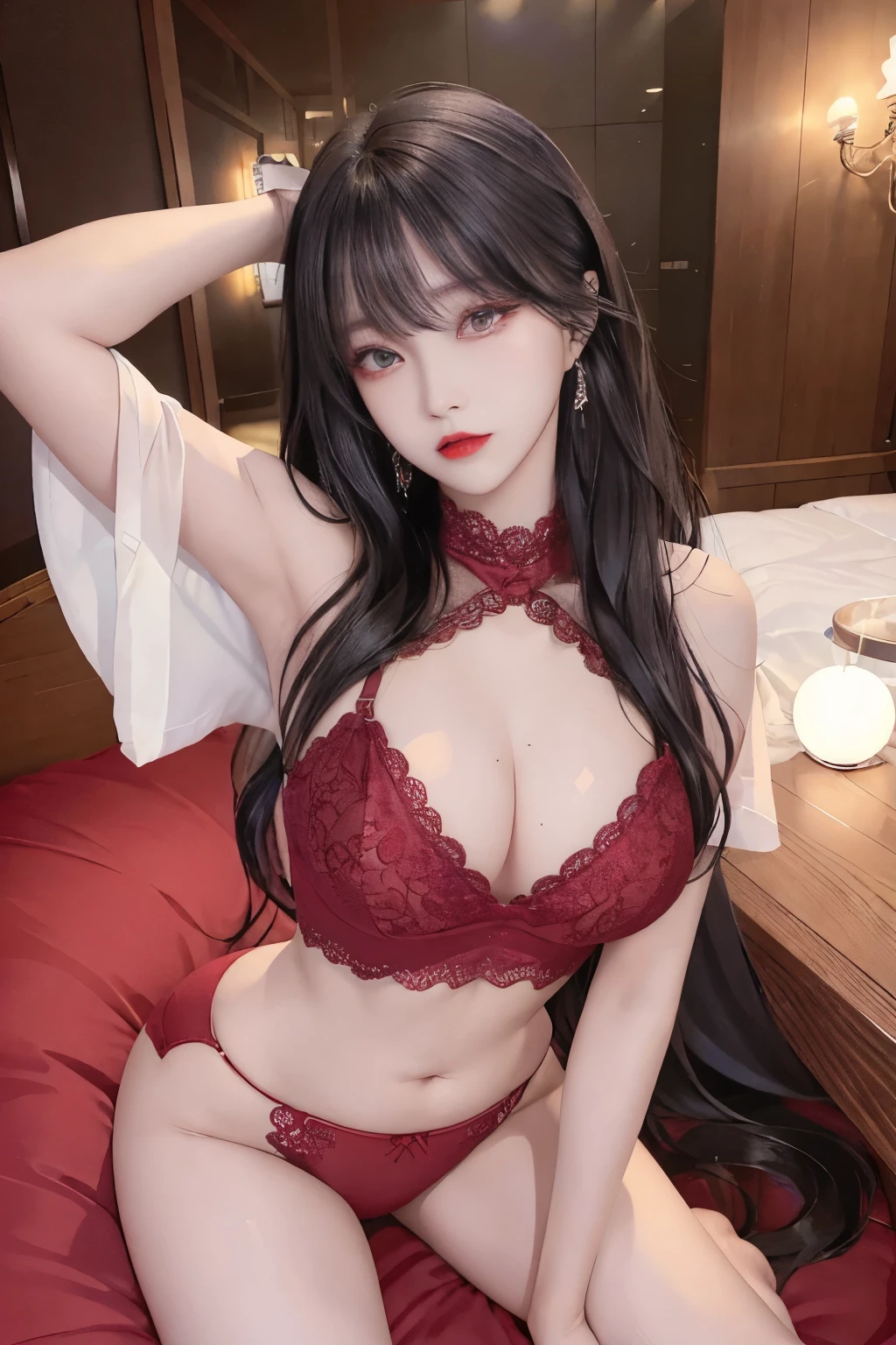 Top image quality、Raw photography、A high resolution、20-year-old cool Korean、big round chest、sexy red lace underwear、Beautiful Eyes of Details、very elongated eyes、Beautiful eyelashes、Beautiful double eyelids、eyeshadows、long legs,medium thighs, beautiful eyes finely detailed、elongated eyes、long eyeslashes、Beautiful double eyelids、eyeshadows、earrings、shiny skin、 1 girl, solo,