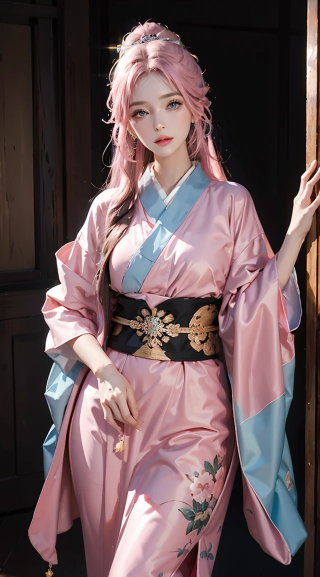 photorealistic, high resolution, 1women, shining skin, solo, tattoo, jewelry, pink lip, long hair, blue eye, closed mouth, hips up, kimono