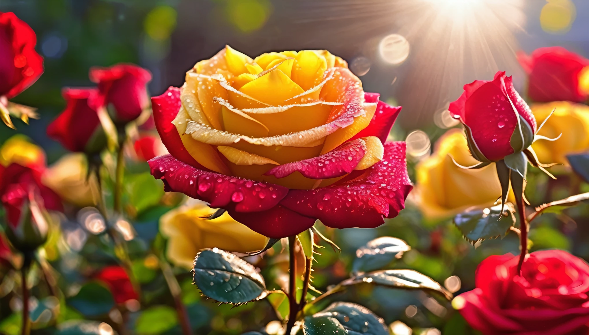 Many red and yellow rose flowers in the garden and sunlight with bokeh, dew drops on flower petals (masterpiece, ultra quality, high resolution, 8k, intricate: 1.2), (masterpiece), (best quality:1)
