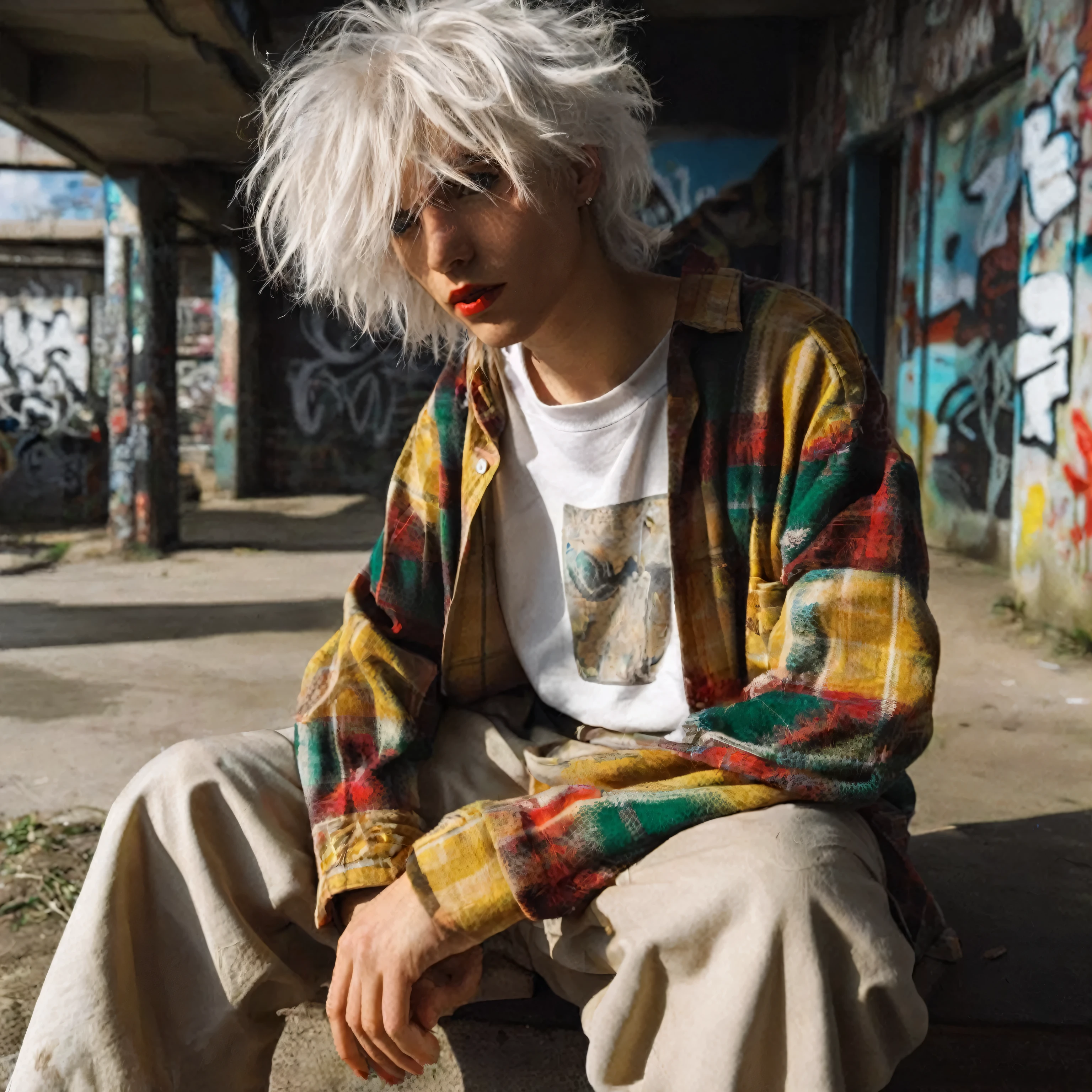 A person with messy, white-dyed hair sitting in an urban environment characterized by graffiti and metal structures. The person is wearing a white t-shirt with a faded graphic design, layered with an open multicolored flannel shirt that has yellow, red, and green patterns. They also wear baggy beige pants gathered at the waist. The lighting is natural but diffused, casting soft shadows and highlighting the textures of the clothing and surroundings.