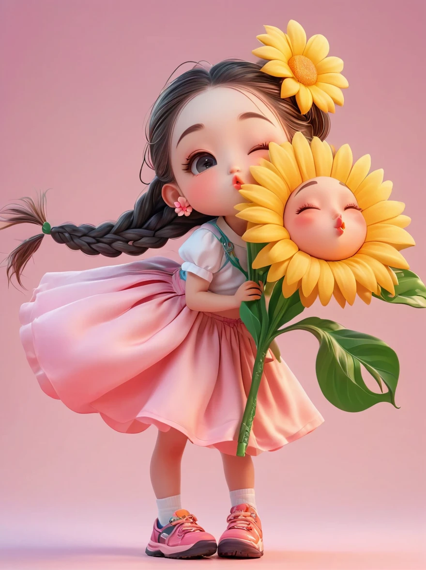 Cute girl with long braids,Kissing in front of the camera,Wearing a skirt,Holding a huge flower,(Close one eye:1.3),3D Rendering,Solid color background,specific,chibi anime,Surrealism, Cartoon Style, full-body shot, Super Detail, Anatomically correct, masterpiece, precise