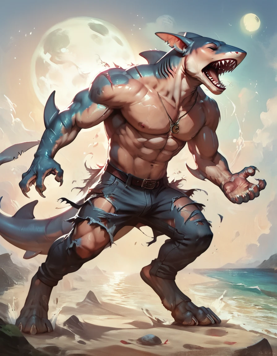 score_9, score_8_up, score_7_up, score_6_up, score_5_up, score_4_up, (solo), male shark mid transformation, solo, masterpiece, best art, digitigrade, torn pants, torn shirt, detailed hands, detailed eyes, detailed torso, beach, howling expression, transformation, night, moon, closed eyes, muscular