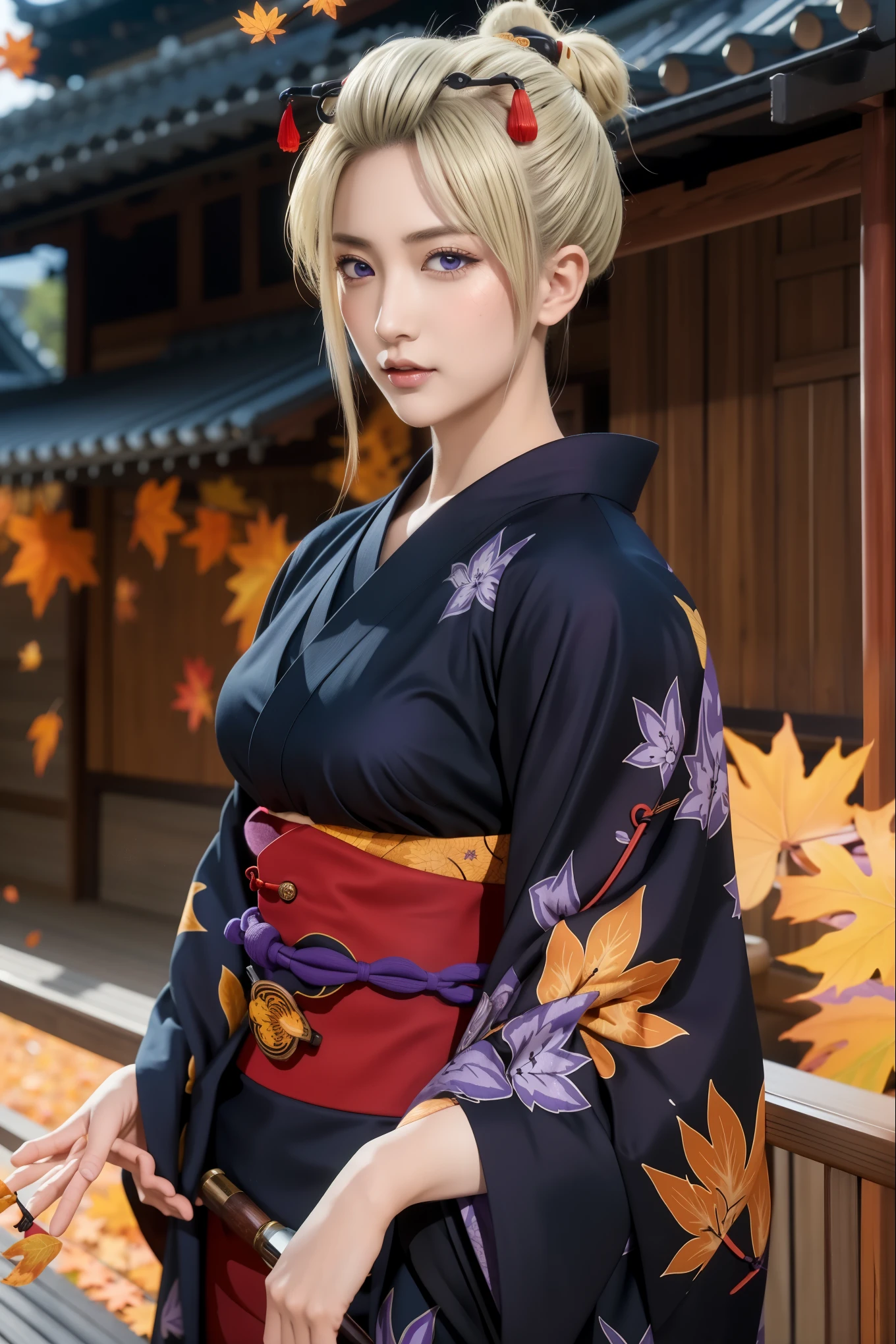 highres, sharp focus, pixiv masterpiece, ((intricate details)), highly detailed, key visual, 1girl, tsukuyo, kimono patterned with autumn leaves, black kimono, blonde hair, purple eyes, cowboy shot, look at viewer,  