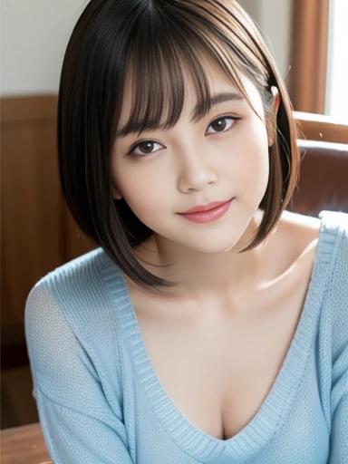 (highest quality: 1.5)、(Real: 1.5)、(1 person: 1.5)、tableトップ、(Leaning forward)、(Her bra is slightly visible through her open-chested sweater.)、(A low-cut sweater revealing a bit of her lacy bra)、Very detailed、High resolution、Small breasts、Natural color lips、Cute smile、Japanese women、20 year old girl、Thin eyebrows、Beautiful and elegant face、cute顔、cute目、Big eyes、Fair skin、Beautiful and elegant face、Natural Bangs、Beautiful and thin nose、Beautiful Skin、Medium Bob Hair、Short Hair、Natural Bangs、Perfect and beautiful face、Slim face and figure、(Looking at the camera with a cute expression)、(Bright lighting)、Professional Lighting、 (Lighting from the front)、Natural smile、Beautiful clavicle、cute胸の谷間、Natural smile、cute、Brightly lit cafe、table、The bra is a little visible、