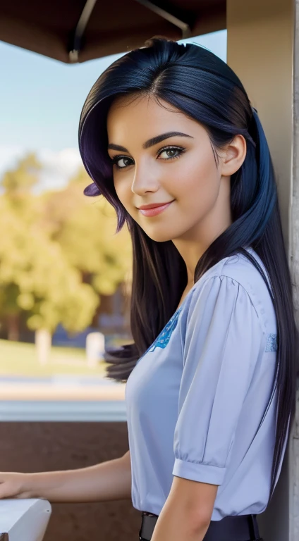(Obra maestra, La mejor calidad, fotorrealista, Altas Resoluciones, Cinematographer, :1.3), sharp focus, 1 beautiful 16 year old teenager , Chica Americana , 16 year old , Modelo adolesenye, diafragma, Ojos color azul y pupilas altamente detallados, Piel realista, Forma delgada del cuerpo, escote, cabello extremadamente detallado, They are smiling, sexy, fondo variado , ((realista, super-realistic, realismo, Detalles realistas)) Rarity , mlp , gafas de sol , lindo maquillaje ,labios rojos , cabello largo azul , pelo azul , pony tail , cuerpo completo , cuerpo sexy , posando en biblioteca , hermosa sonrisa ,linda ropa escolar