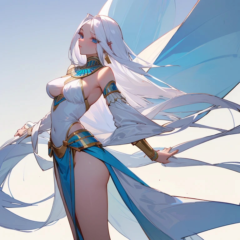 Long, waist-length platinum hair with stunning piercing blue eyes with snow-white skin, corpo magro sexy , peito grandes , no facial expression, sexy, pouca roupa , curvas sexuais, egyptian goddess outfit, olhando para frente, STANDING, de frente, showing from head to toe, sensual, olhando para o espectador, postura ereta, with shoulders back and head up, directing the gaze directly at you in the image. Sexy , sensual, pouca roupa, Egyptian outfit, convidando o expectador
