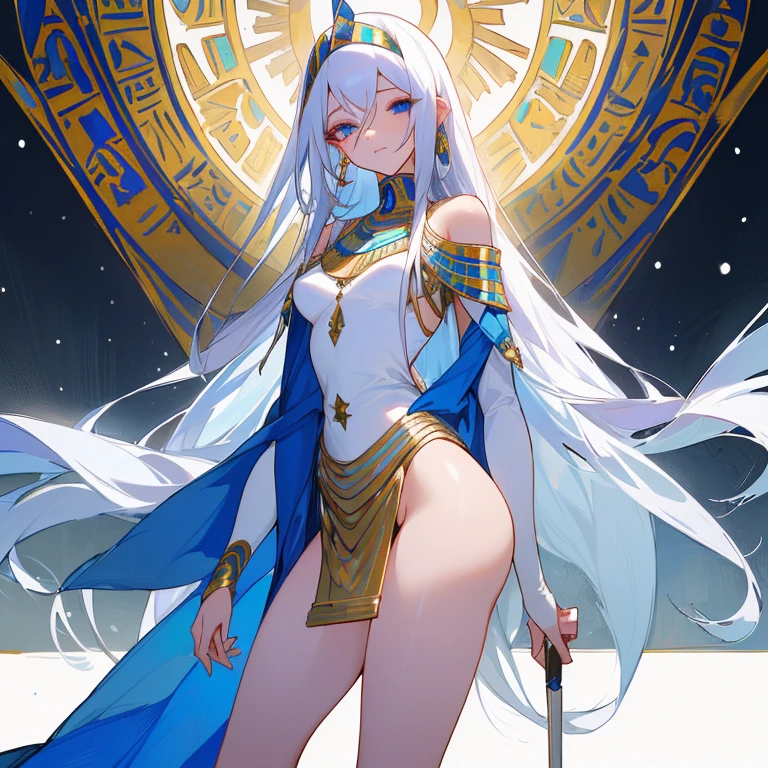 Long, waist-length platinum hair with stunning piercing blue eyes with snow-white skin, corpo magro sexy , peito grandes , no facial expression, sexy, pouca roupa , curvas sexuais, egyptian goddess outfit, olhando para frente, STANDING, de frente, showing from head to toe, sensual, olhando para o espectador, postura ereta, with shoulders back and head up, directing the gaze directly at you in the image. Sexy , sensual, pouca roupa, Egyptian outfit, convidando o expectador