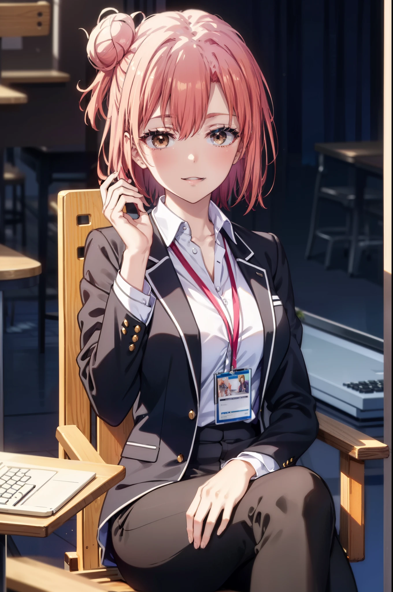 yuiyuigahama, yui yuigahama, short hair, (Brown eyes:1.5), (Pink Hair:1.2), Hair Bun, single Hair Bun, smile, (Big Breasts:1.2),happy smile, smile, Open your mouth,
, OL, Black suit jacket, Collared jacket, White dress shirt, Collared shirt, Neckline, button, strap, ID card on the neck, Black pencil skirt, Black pantyhose, Stiletto heels,interior,sitting cross-legged on a chair、There is a computer on the table,touch typing,interior昼間,Clear skies,
break indoors ,office,　　　　　　　　　　　　　　　break looking at viewer, (Cowboy Shot:1.5),
break (masterpiece:1.2), highest quality, High resolution, unity 8k wallpaper, (shape:0.8), (Fine and beautiful eyes:1.6), Highly detailed face, Perfect lighting, Highly detailed CG, (Perfect hands, Perfect Anatomy),