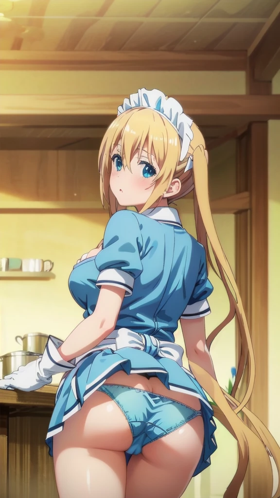 masterpiece, best quality, highres, kaho hinata, maid, maid headdress, waist apron, (blue shirt, blue skirt:1.2), short sleeves, white gloves, looking at viewer, pout, blush, cafe, (cleavage), (showing panties:1.3),(lean forward:1.3), (ass up), indoors