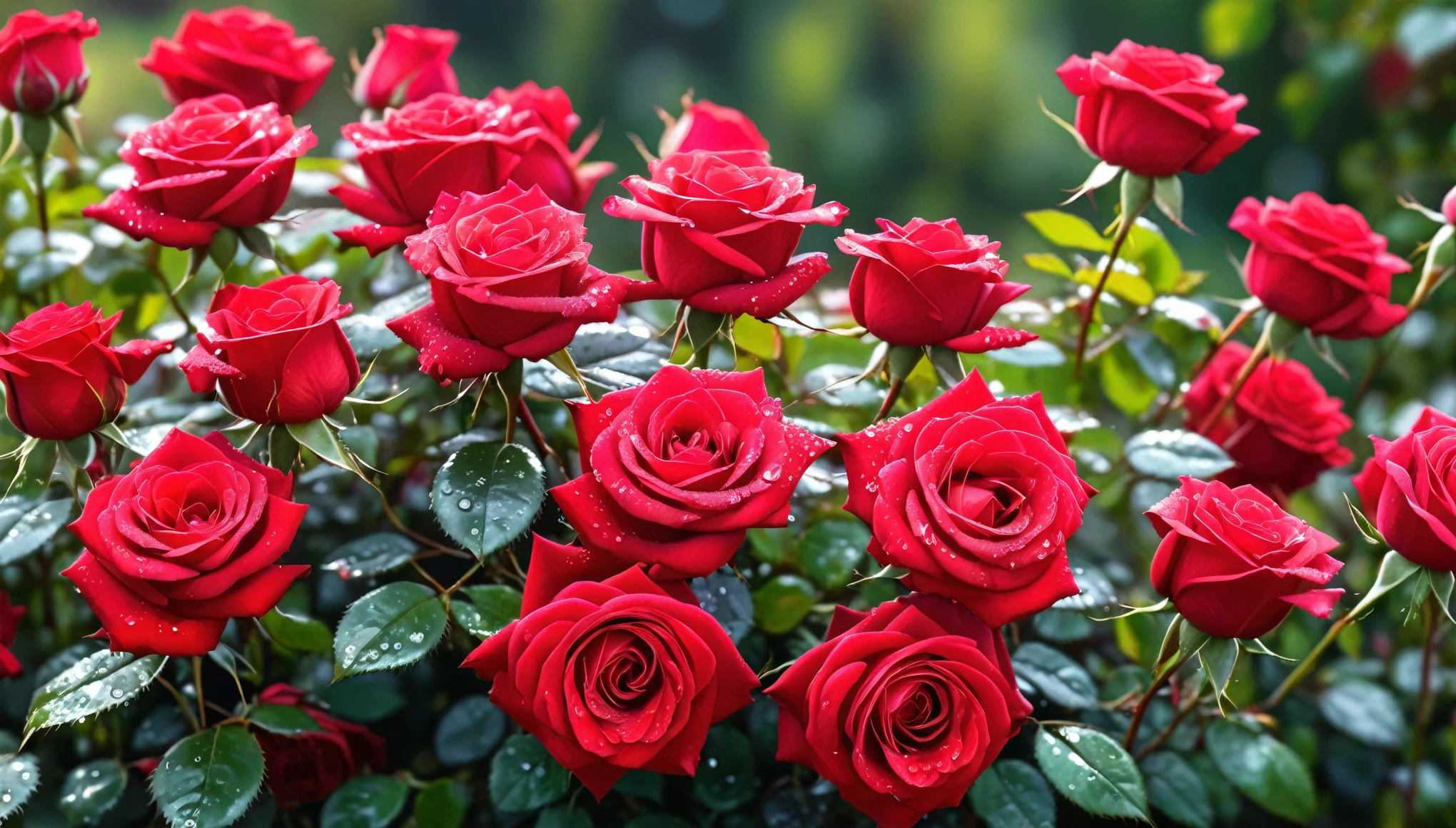 Many red color rose flowers in the garden and sunlight with bokeh, dew drops on flower petals (masterpiece, ultra quality, high resolution, 8k, intricate: 1.2), (masterpiece), (best quality:1)
