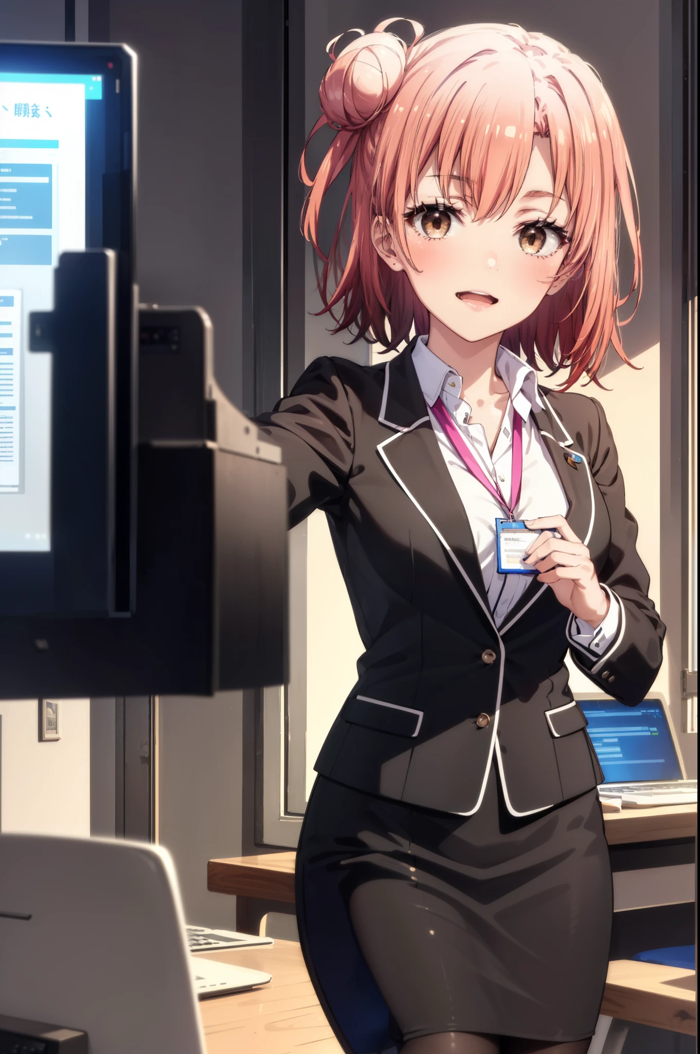 yuiyuigahama, yui yuigahama, short hair, (Brown eyes:1.5), (Pink Hair:1.2), Hair Bun, single Hair Bun, smile, (Big Breasts:1.2),happy smile, smile, Open your mouth,
, OL, Black suit jacket, Collared jacket, White dress shirt, Collared shirt, Neckline, button, strap, ID card on the neck, Black pencil skirt, Black pantyhose, Stiletto heels,interior,sitting cross-legged on a chair、There is a computer on the table,touch typing,interior昼間,Clear skies,
break indoors ,office,　　　　　　　　　　　　　　　break looking at viewer, (Cowboy Shot:1.5),
break (masterpiece:1.2), highest quality, High resolution, unity 8k wallpaper, (shape:0.8), (Fine and beautiful eyes:1.6), Highly detailed face, Perfect lighting, Highly detailed CG, (Perfect hands, Perfect Anatomy),