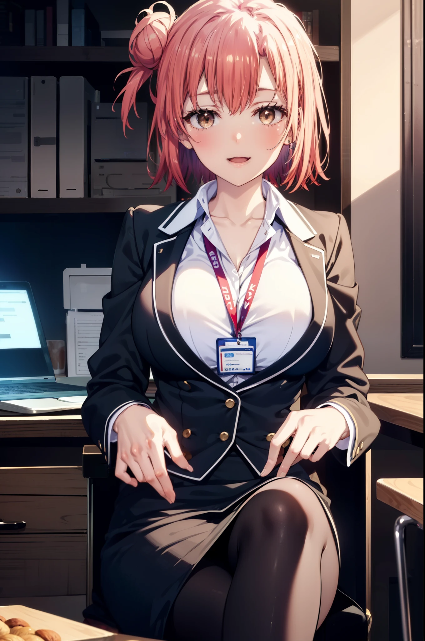 yuiyuigahama, yui yuigahama, short hair, (Brown eyes:1.5), (Pink Hair:1.2), Hair Bun, single Hair Bun, smile, (Big Breasts:1.2),happy smile, smile, Open your mouth,
, OL, Black suit jacket, Collared jacket, White dress shirt, Collared shirt, Neckline, button, strap, ID card on the neck, Black pencil skirt, Black pantyhose, Stiletto heels,interior,sitting cross-legged on a chair、There is a computer on the table,touch typing,interior昼間,Clear skies,
break indoors ,office,　　　　　　　　　　　　　　　break looking at viewer, (Cowboy Shot:1.5),
break (masterpiece:1.2), highest quality, High resolution, unity 8k wallpaper, (shape:0.8), (Fine and beautiful eyes:1.6), Highly detailed face, Perfect lighting, Highly detailed CG, (Perfect hands, Perfect Anatomy),