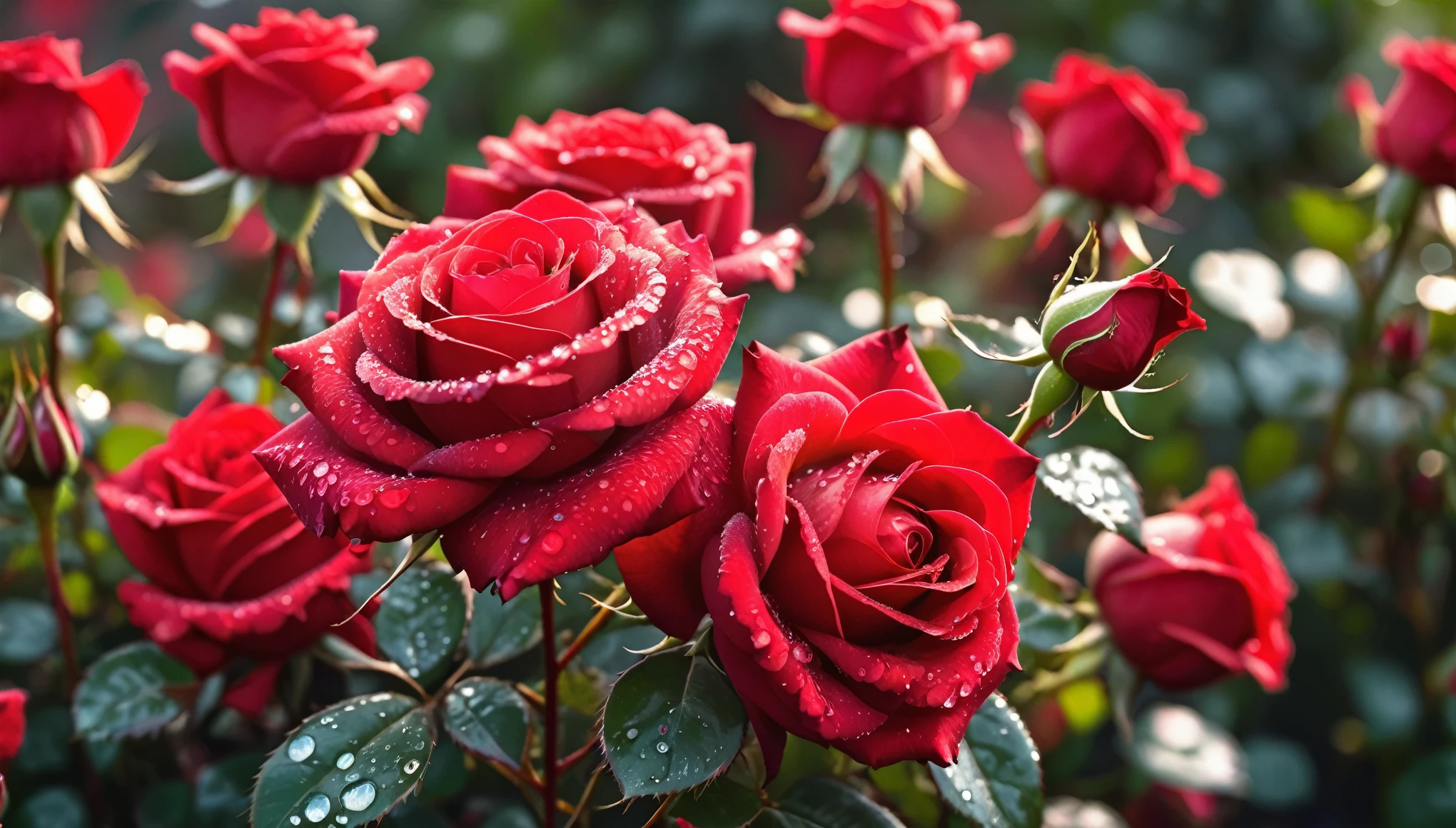 Many red color rose flowers in the garden and sunlight with bokeh, dew drops on flower petals (masterpiece, ultra quality, high resolution, 8k, intricate: 1.2), (masterpiece), (best quality:1)