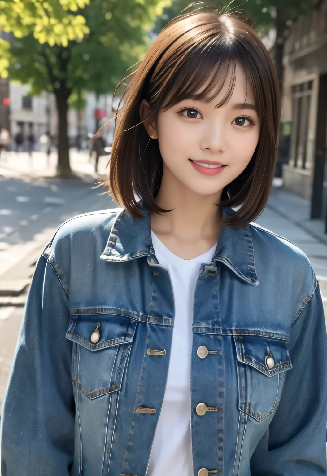 masterpiece, best quality:1.1), (8k, raw photo, photo realistic:1.2, f22), (shiny skin), detailed skin,Medium Bob,detailed face, detailed eyes,smile,BREAK, real world, intricate details, smil, BREAK, 1girl, full body,(denim,sun visor),BREAK, (park:1.4),